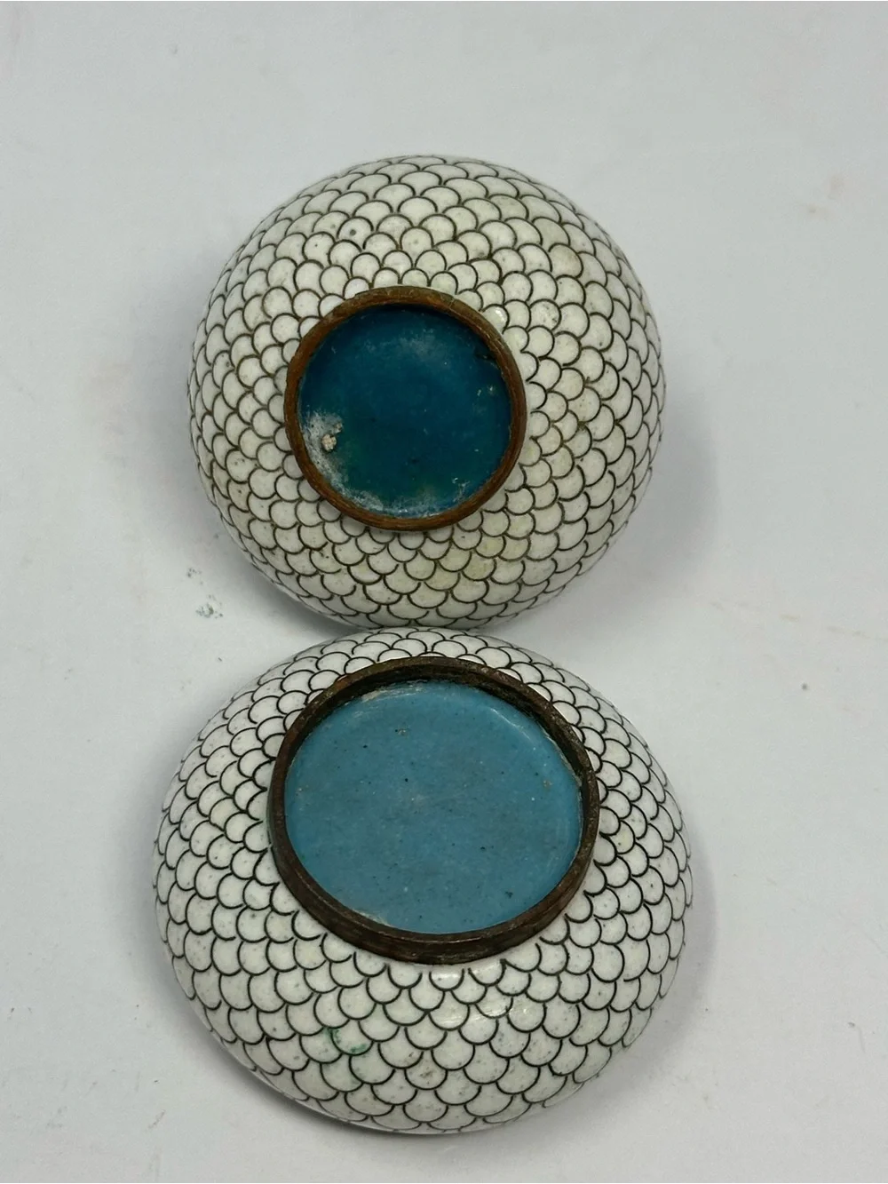 Vintage Chinese Cloisonné Enamel Individual Open Salt Cellar & Pepper Shaker Set